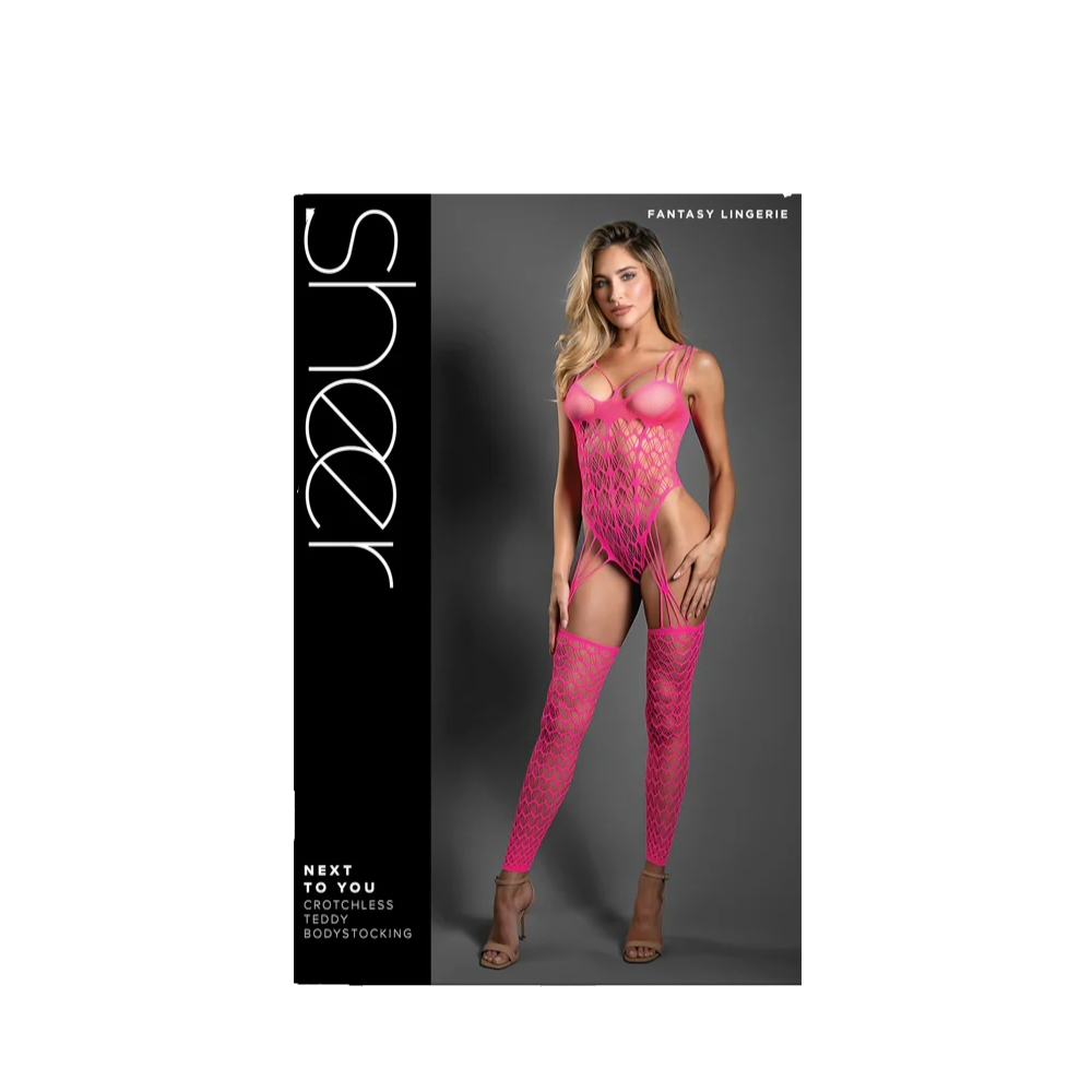 Fantasy Lingerie — “Next to You” Crotchless Geometric Fishnet Teddy/Bodystocking, Neon Pink (O/S)