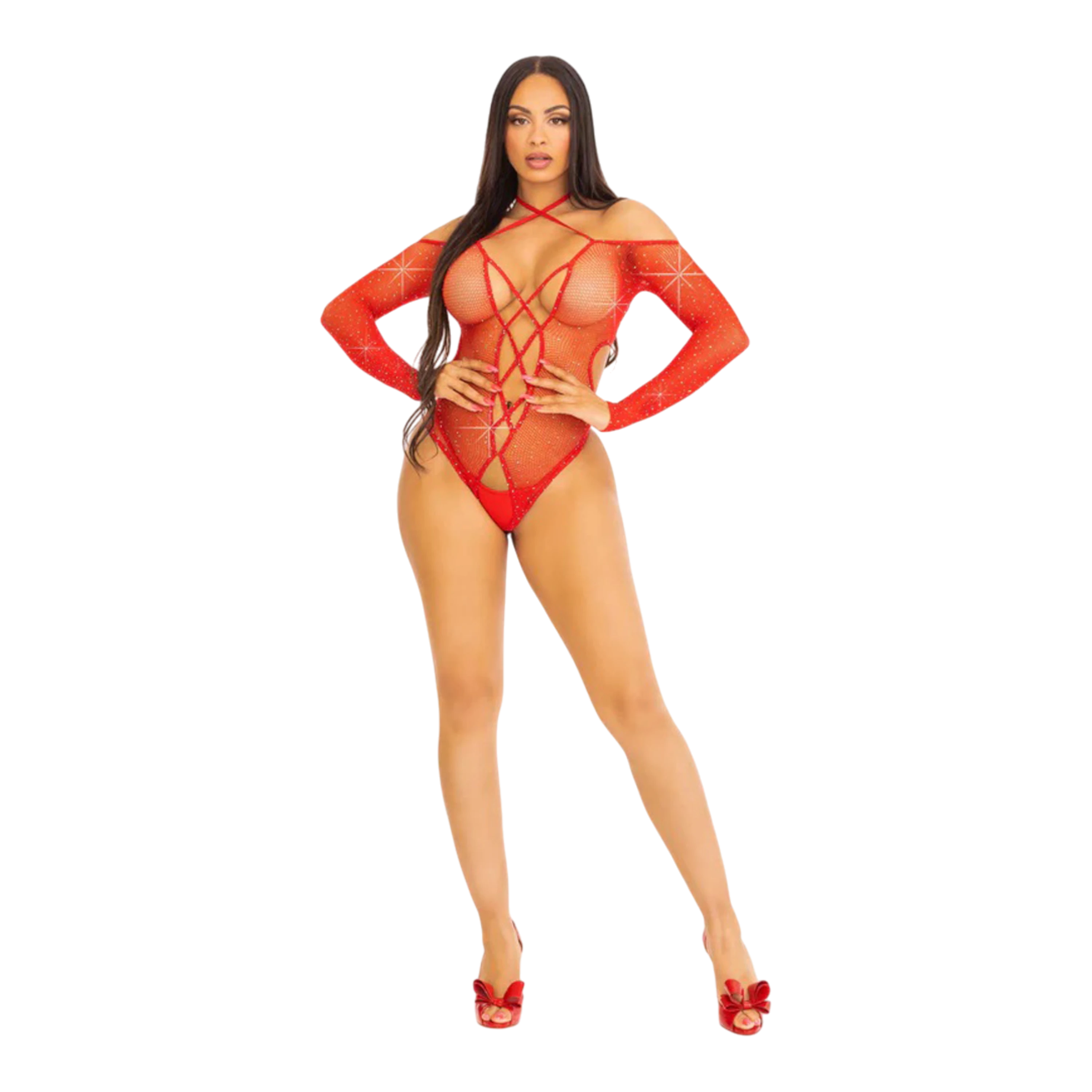 Leg Avenue Say My Name Rhinestone Crotchless Teddy - Red