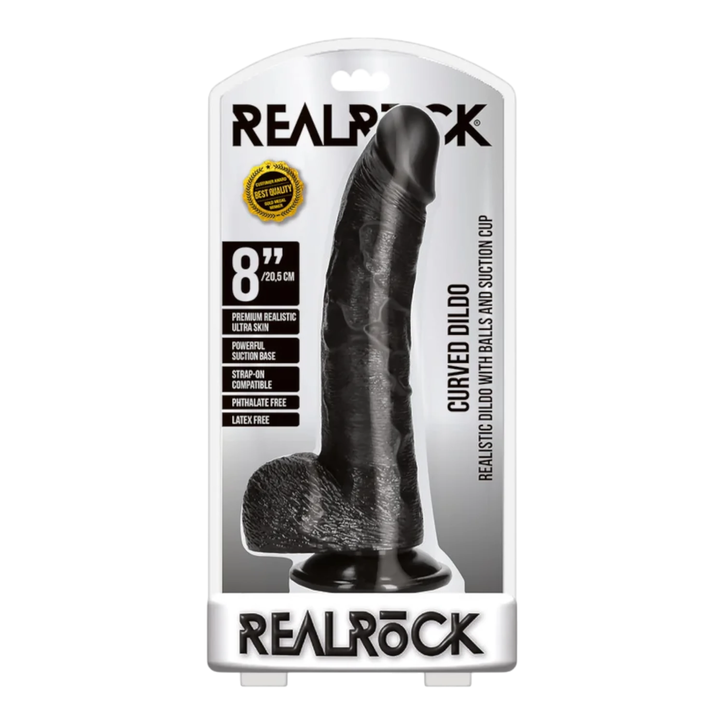 RealRock Realistic 8" Curved Dildo With Balls and Suction Cup - Black
