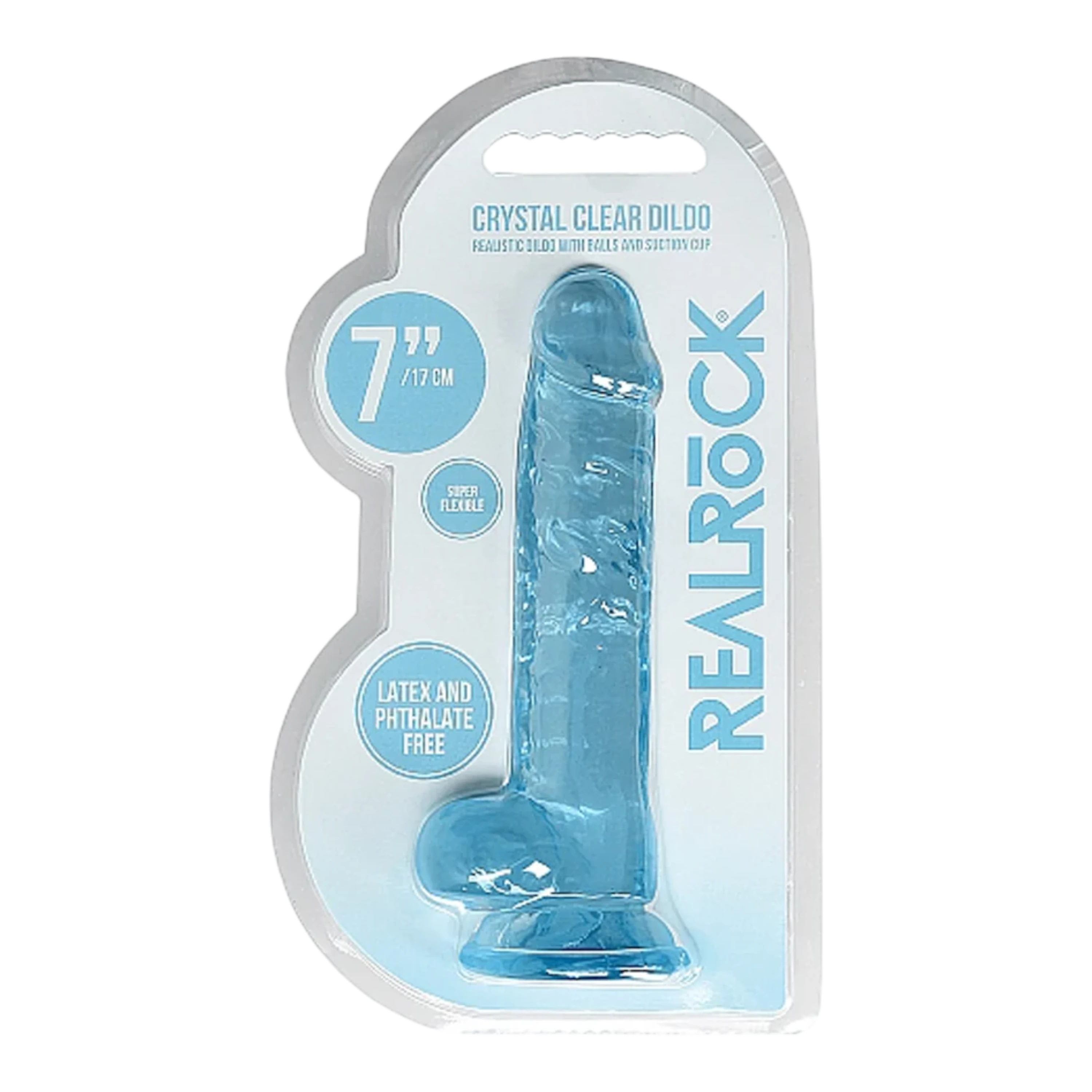 RealRock Crystal Clear Realistic 7" Dildo With Balls and Suction Cup - Blue