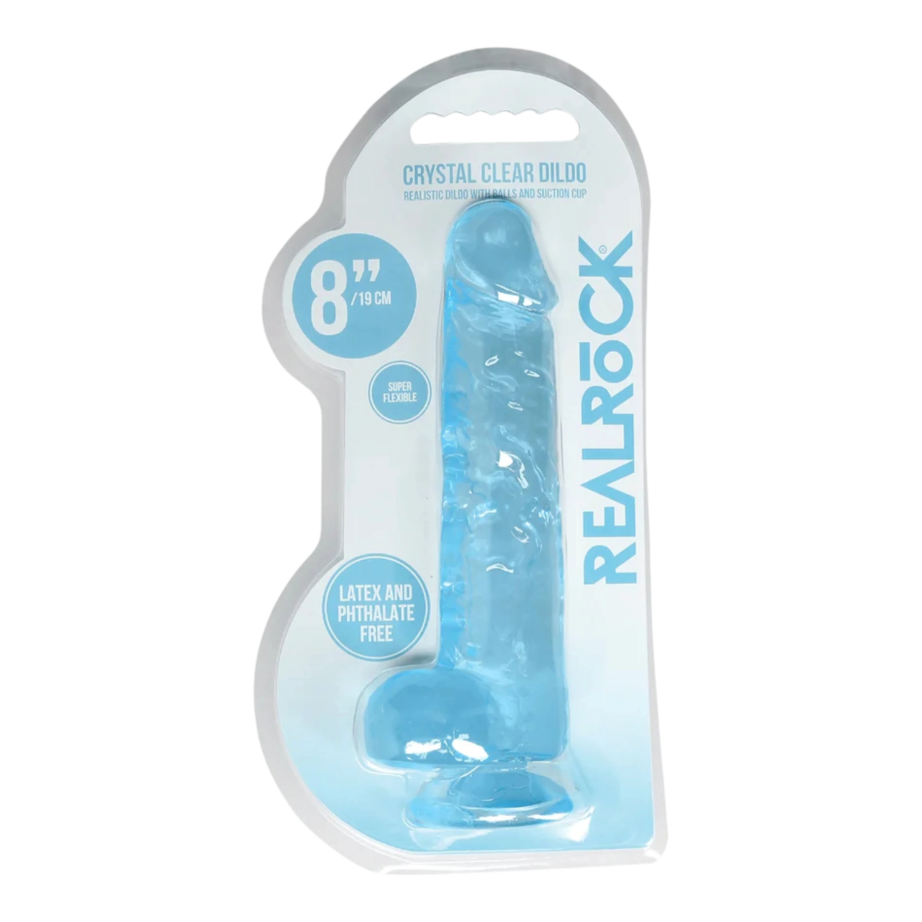 RealRock Crystal Clear Realistic 8" Dildo With Balls and Suction Cup - Blue