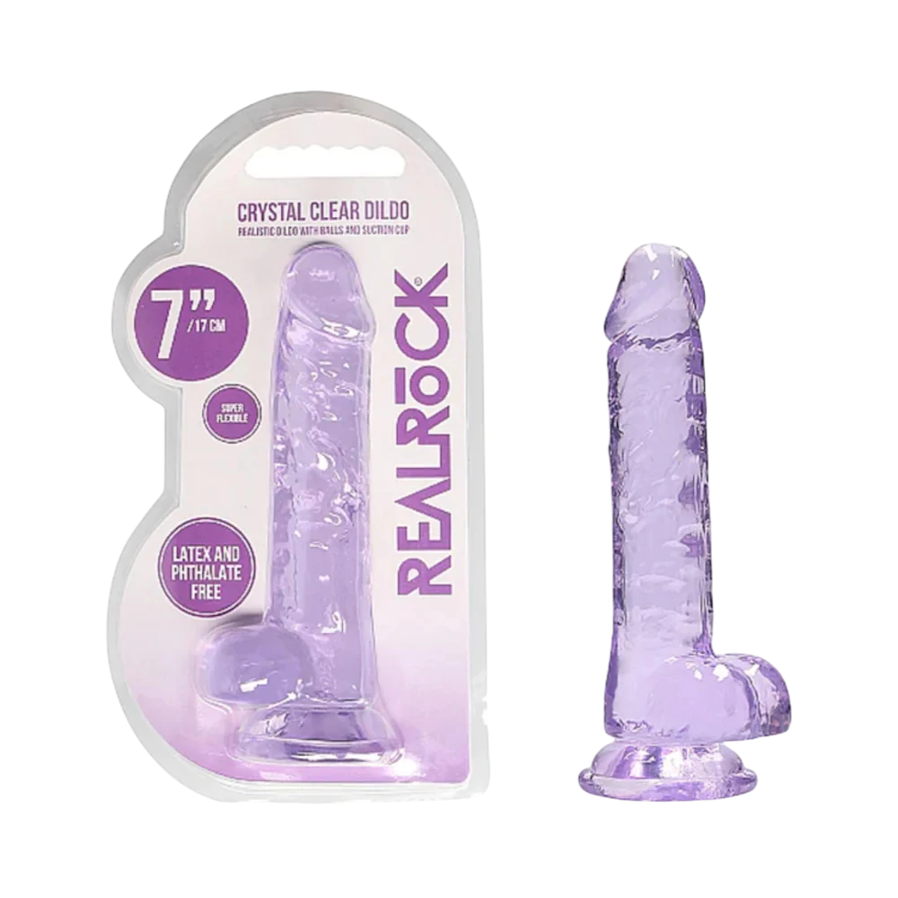 RealRock Crystal Clear 7 in. Dildo With Balls and Suction Cup - Purple
