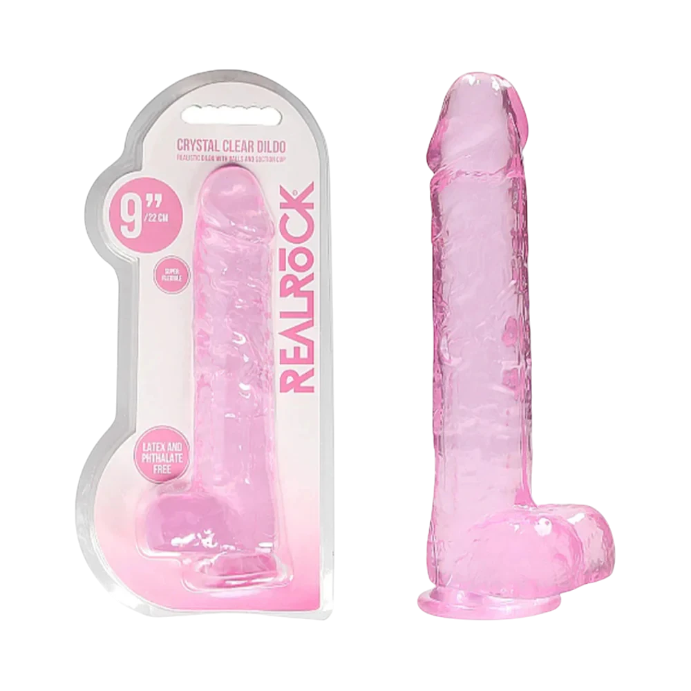 RealRock Crystal Clear 9 in. Dildo With Balls and Suction Cup - Pink